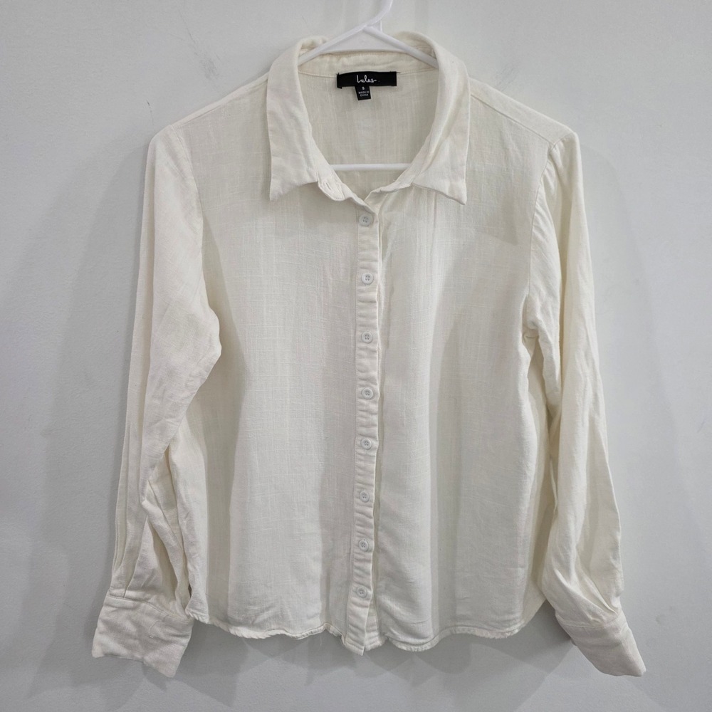 Lulus Womens‎ Linen Button Down Shirt Size Small Ivory Long Sleeve Slub Coastal